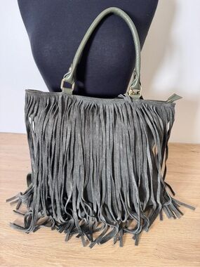 Fringed Shoulder Bag in Olive Green - Women’s Casual Tote